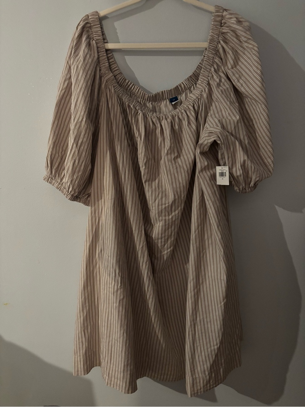 Old Navy Taupe and White Striped Puff Sleeve Top